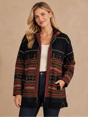 Rhea NWT Henna Black Embroidered Boho Hooded Fringe Jacket S/M